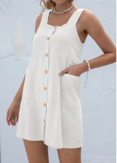 White Short A Line Square Neck Button Dress