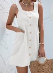 White Short A Line Square Neck Button Dress