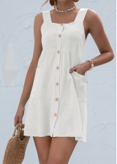 White Short A Line Square Neck Button Dress