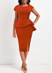 Brick Red Boat Neck Ruffle Bodycon Dress