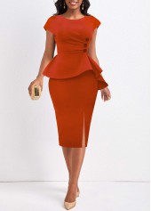 Brick Red Boat Neck Ruffle Bodycon Dress
