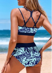 Floral Print Cut Out Cyan Bikini Set