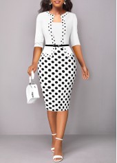 Polka Dot Patchwork White Square Neck Bodycon Dress