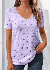 Light Purple Lace V Neck T Shirt