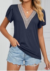 Navy V Neck Short Sleeve Patchwork T Shirt