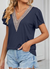 Navy V Neck Short Sleeve Patchwork T Shirt