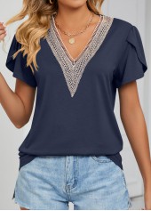 Navy V Neck Short Sleeve Patchwork T Shirt
