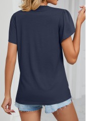 Navy V Neck Short Sleeve Patchwork T Shirt