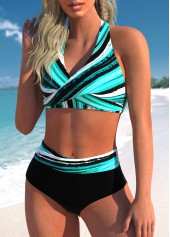 Striped Criss Cross Cyan Bikini Set
