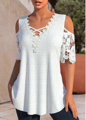 Lace White V Neck Cold Shoulder T Shirt