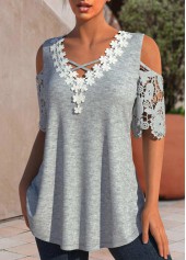 Lace Light Grey Marl V Neck T Shirt