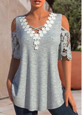 Lace Light Grey Marl V Neck T Shirt