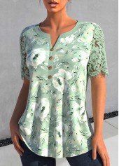 Floral Print Lace Sage Green Short Sleeve Blouse