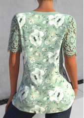 Floral Print Lace Sage Green Short Sleeve Blouse