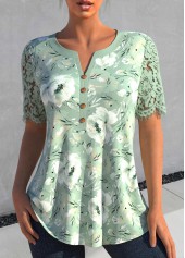 Floral Print Lace Sage Green Short Sleeve Blouse