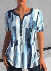 Geometric Print Patchwork Peacock Blue Short Sleeve Blouse