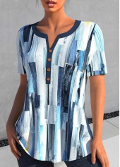 Geometric Print Patchwork Peacock Blue Short Sleeve Blouse