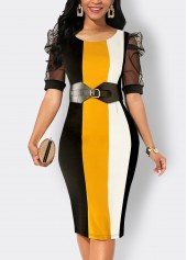 Striped Mesh Multi Color Round Neck Bodycon Dress