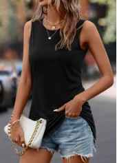 Button Round Neck Black Tank Top