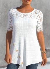 White Round Neck Short Sleeve Lace T Shirt