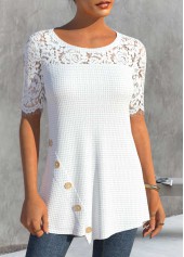 White Round Neck Short Sleeve Lace T Shirt
