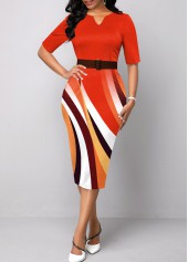Geometric Print Orange Split Neck Bodycon Dress