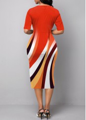 Geometric Print Orange Split Neck Bodycon Dress
