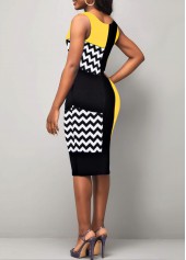 Geometric Print Yellow Round Neck Sleeveless Bodycon Dress