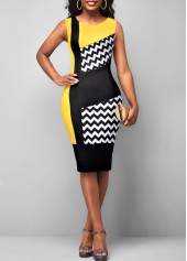 Geometric Print Yellow Round Neck Sleeveless Bodycon Dress