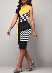 Geometric Print Yellow Round Neck Sleeveless Bodycon Dress