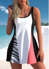 Wave Pattern Print Patchwork White Swimdress Set