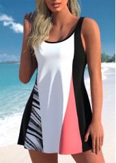 Wave Pattern Print Patchwork White Swimdress Set