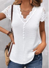 White V Neck Short Sleeve Lace T Shirt