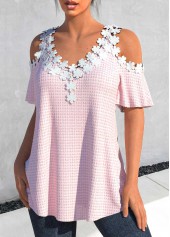 Light Pink V Neck Lace T Shirt