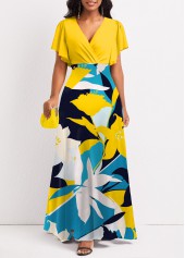 Plants Print Surplice Multi Color Maxi Dress
