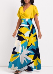 Plants Print Surplice Multi Color Maxi Dress