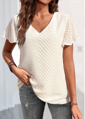 V Neck Beige Short Sleeve Blouse