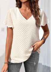 V Neck Beige Short Sleeve Blouse