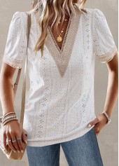 Patchwork V Neck White Short Sleeve T Shirt