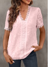 Lace Pink Short Sleeve V Neck Blouse