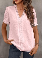Lace Pink Short Sleeve V Neck Blouse