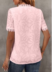 Lace Pink Short Sleeve V Neck Blouse