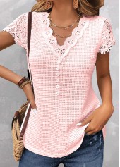 Lace V Neck Pink Short Sleeve T Shirt