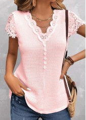 Lace V Neck Pink Short Sleeve T Shirt