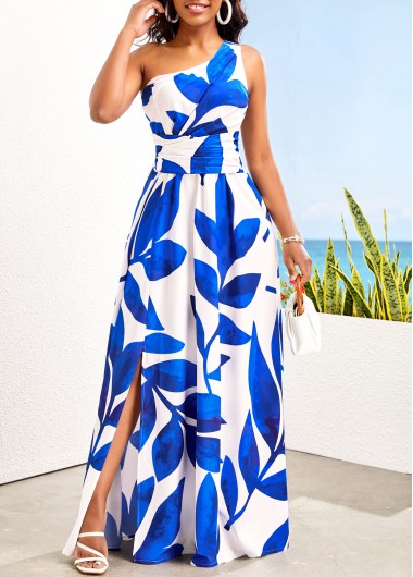 Rosewe Blue And White One Shoulder Maxi Dress Leaf Print Asymmetry Blue ...