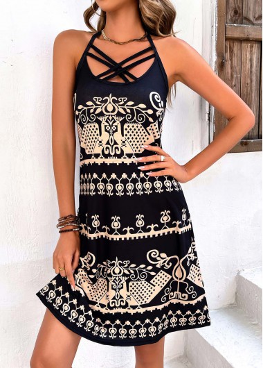 Tribal Print Criss Cross Black Dress