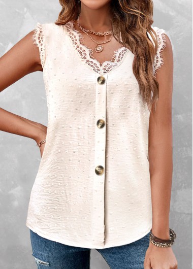 Beige V Neck Sleeveless Lace Tank Top product