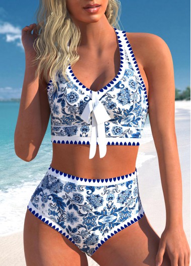 High Waisted Tribal Print Bowknot Blue Bikini Set
