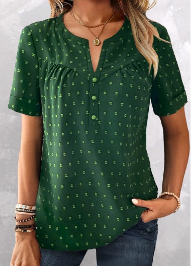Plus Size Green Button Short Sleeve Blouse product