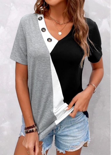 Plus Size Grey Button Short Sleeve T Shirt 30$
